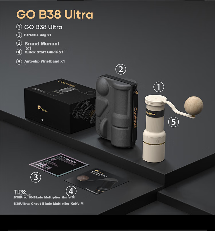 Cocinare Hand-Cranked Coffee Grinder, Portable Outdoor All-In Pour-Over Coffee Bean Grinder, Italian Espresso Machine, Moka Pot, C Jia C Mu GOB38Ultra Ghost Blade White Gift 9