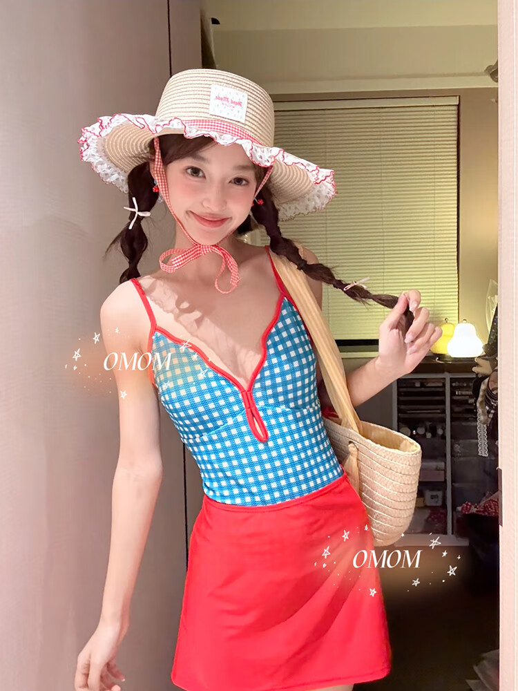 OMOM New Fresh Plaid Student One-Piece Swimsuit Women Triangle Slimming Hot Spring Vacation Swimwear Plaid XL 3