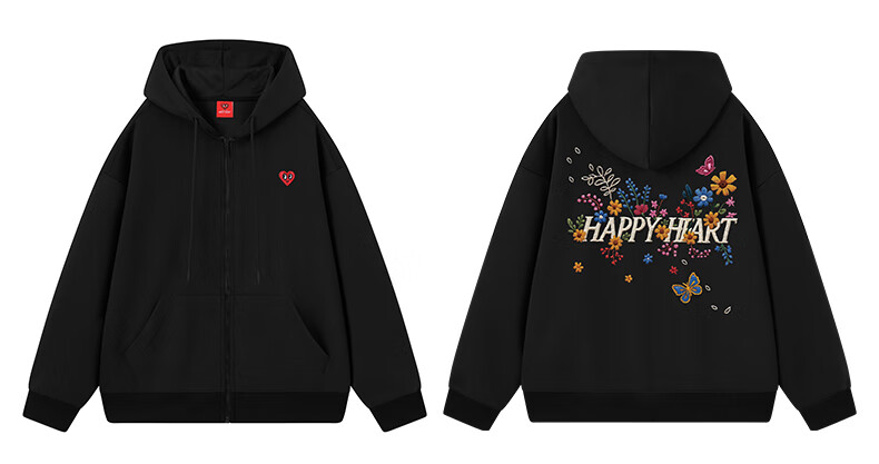 Charles Peach Heart New Autumn Love Embroidery Print Couple Jacket American Style Hooded Versatile Cardigan Sweatshirt Black S 9