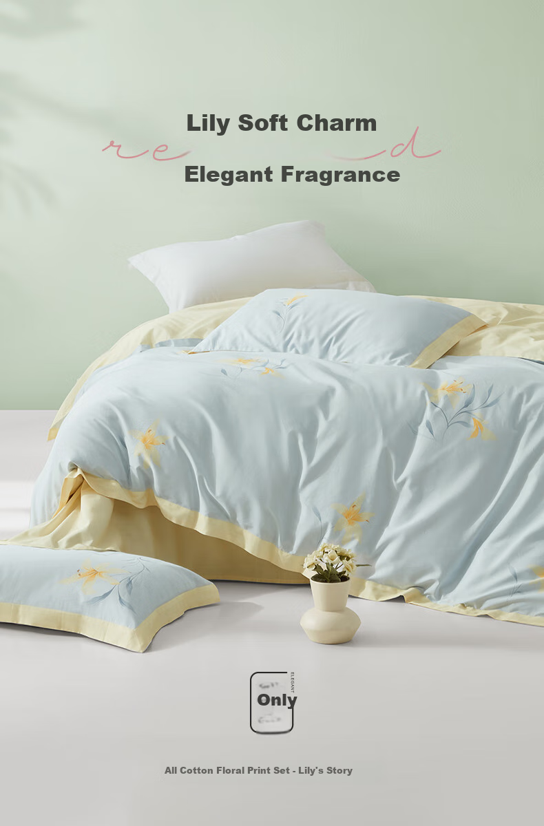 LUOLAI Home Textiles, Pure Cotton Four-Piece Bedding Set, Bedsheet And Duvet Cover, 100% Cotton Floral Pattern Set, Lily of The Valley, Blue, 220*250 1