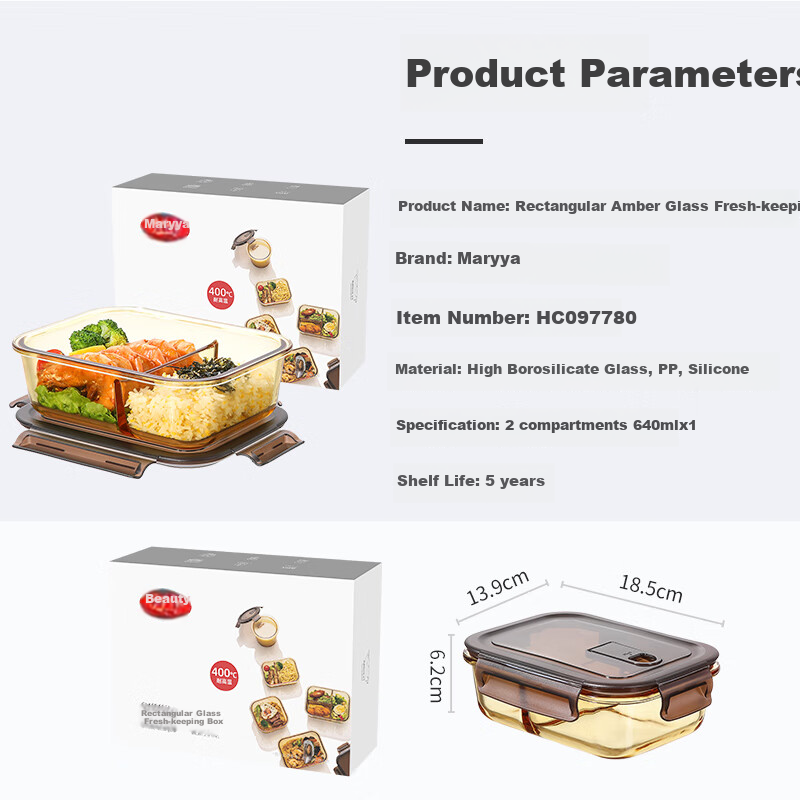 MARYYA Glass Lunch Box, 640ml Two-Compartment, Suitable for Office Workers, Microwave-Safe, High Borosilicate Food Storage Container