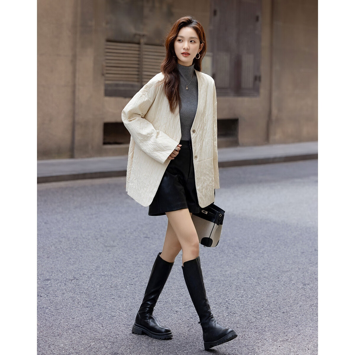 Demana [Smart Aesthetic] Winter Korean Style V-Neck Loose Drop Shoulder Hidden Placket Vintage Striped Women's Blazer Jacket
