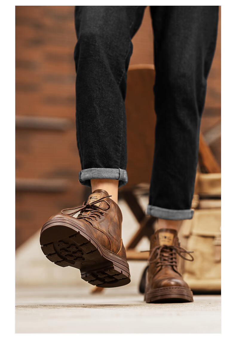 Bull Family [Zhang Ruoyun Same Style] Men's Genuine Leather Martin Boots 2026 Autumn Winter New High-top British Style Work Boots for Men 11