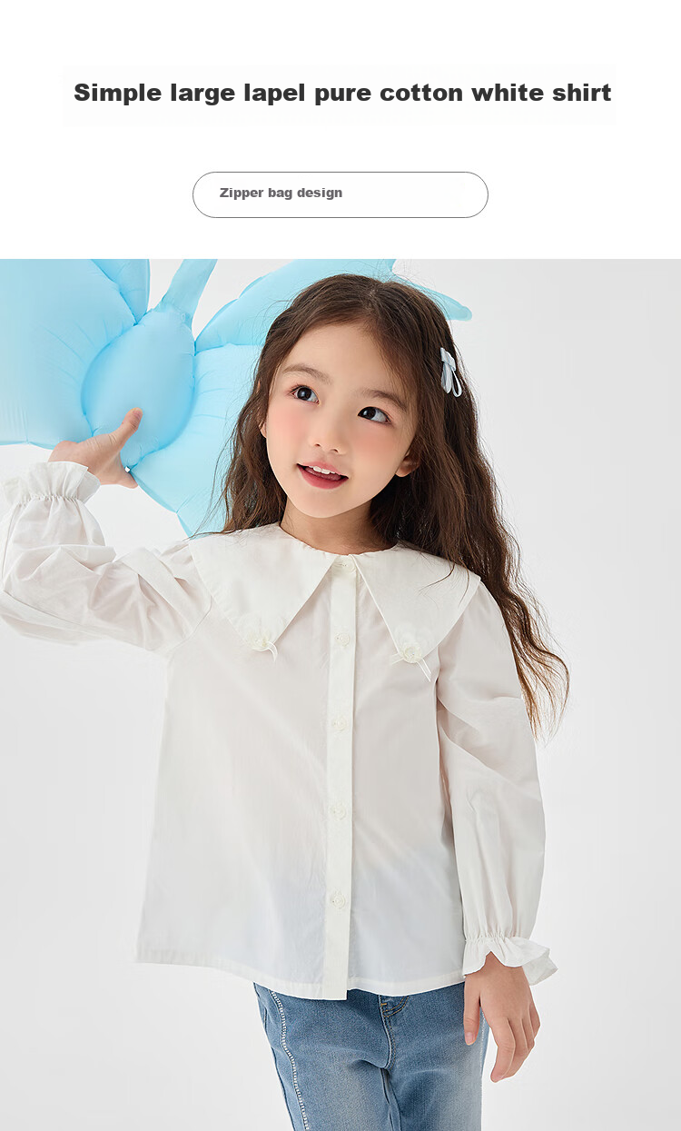 BALABALA Girls' Long-Sleeve Shirt, Pure Cotton White Blouse, Spring Top, Simple Versatile Comfortable Skin-Friendly 1