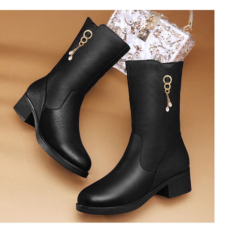 FUGUINIAO Genuine Leather Cowhide Women's Ankle Boots Autumn Winter Fleece Lined Warm Round Toe Chunky Heel Mid-Calf Boots Black Short Fleece Size 39 10