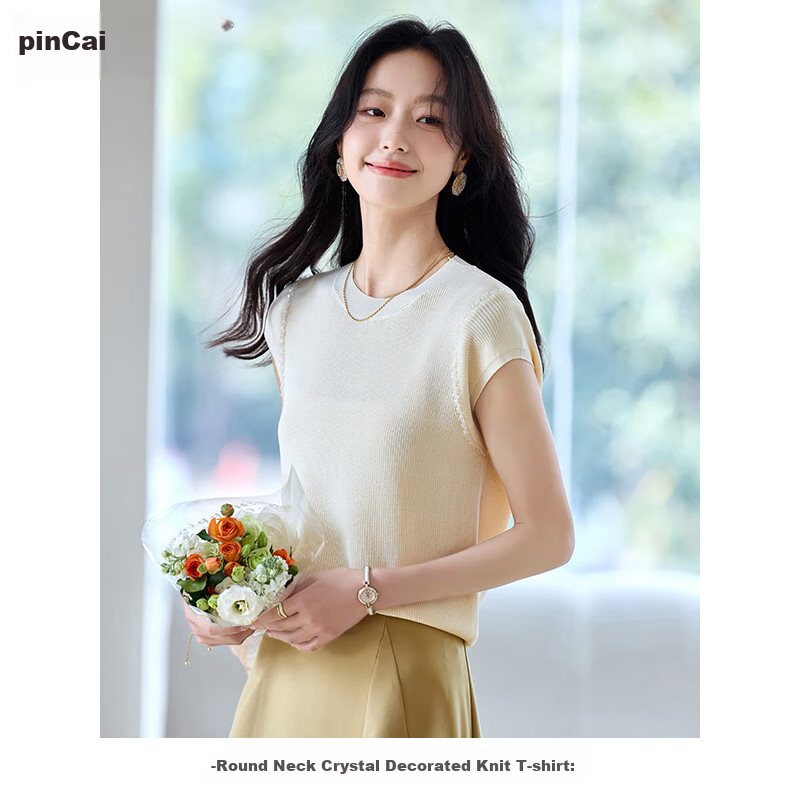 PinCai Women's Summer Solid Color Short-Sleeve Knitted T-Shirt, Distinctive Base Layer Top P52T077