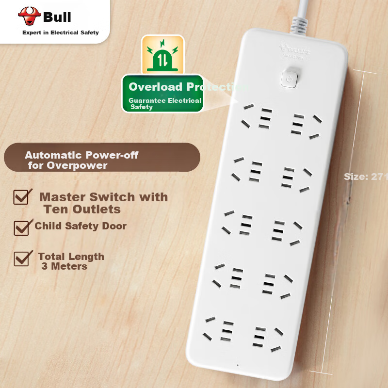 BULL GN-B20A0 Power Strip/Extension Cord/Surge Protector, 3C Certified, 10 Outlets with Master Switch, 3 Meters Long