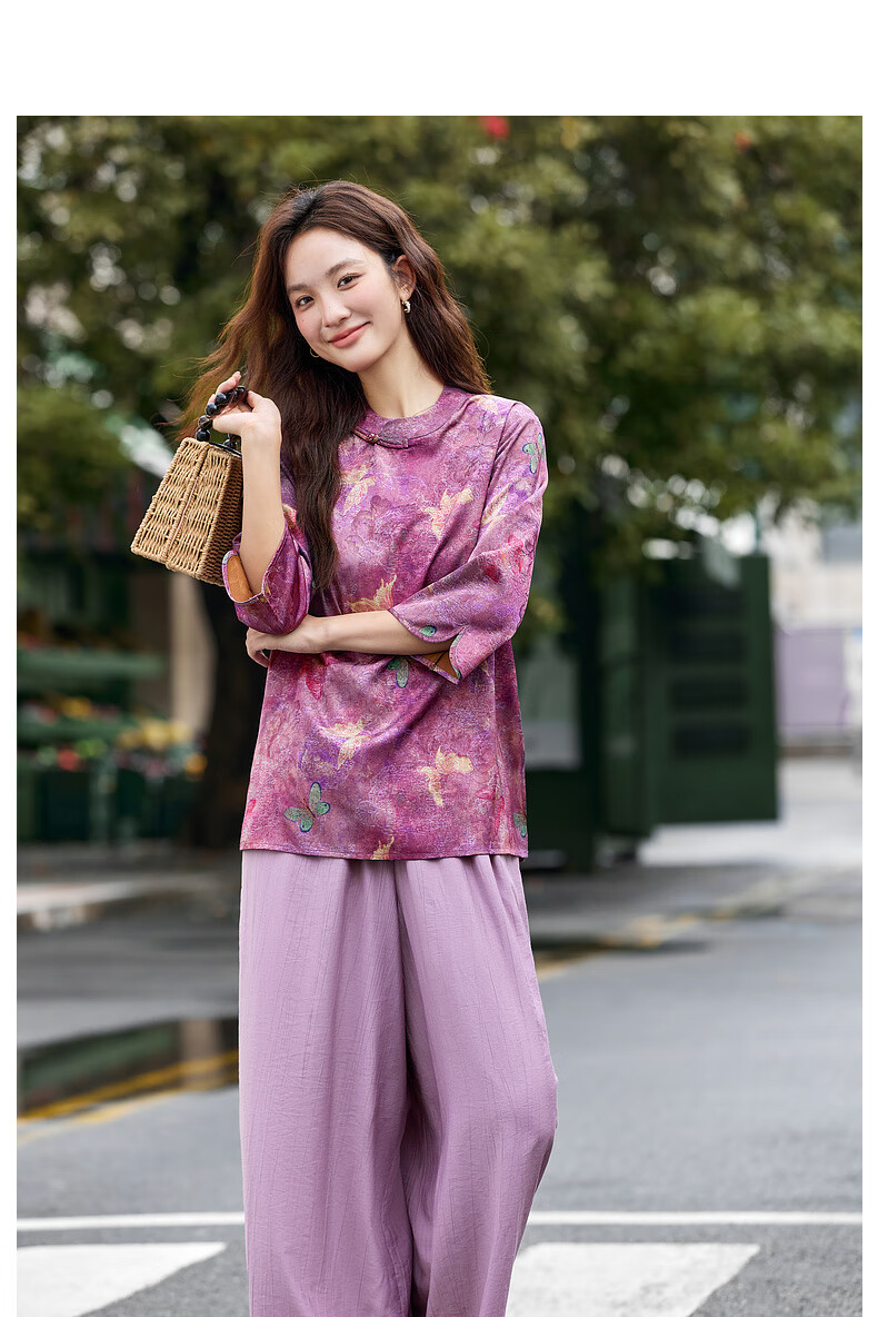 Fanximan New Chinese Style Women's Autumn Set Stand Collar Top Wide Leg Pants Set Purple Floral M 14