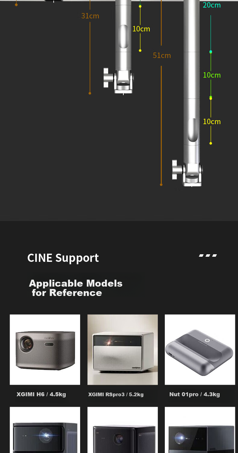 CINE Heavy-Duty Projector Ceiling Mount Bracket for Home Use, Compatible with XGIMI RSpro3 H6, Jianuo N1, Dangbei X5 X3, Hisense C1 Projectors, Hanging Bracket PH69-10 Silver 6