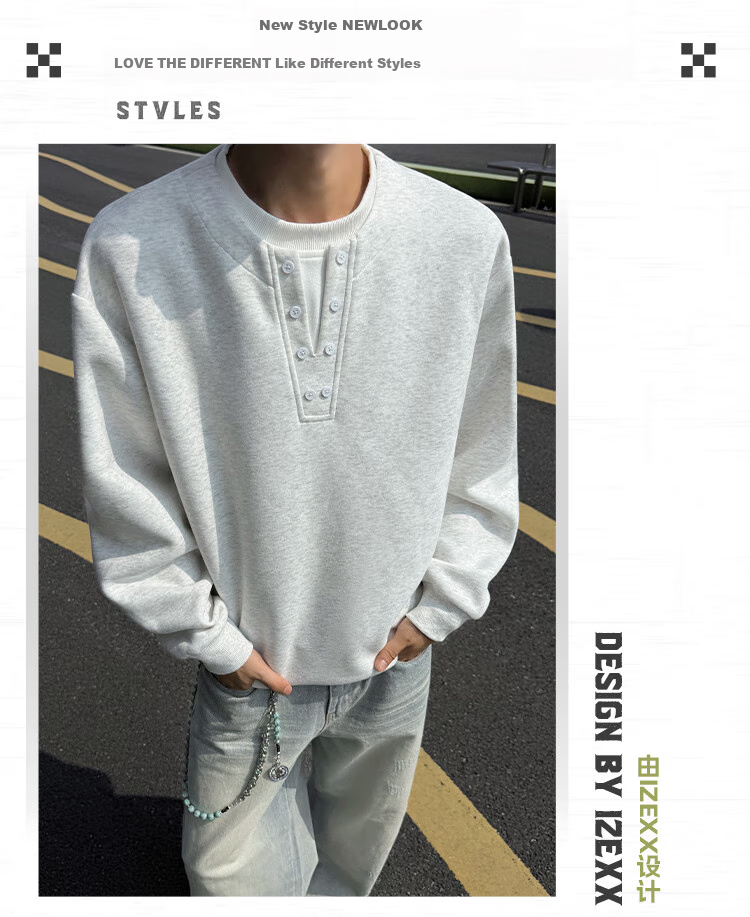 IZEXX Faux Two-Piece Henley Crewneck Sweatshirt for Men, Autumn Season, Simple Versatile Loose Base Layer Top JW19 Black 2XL 8