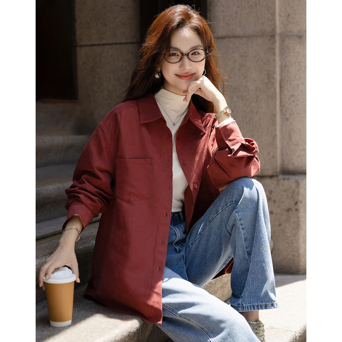 Demana Glossy Peach Skin Autumn Vintage Urban Lapel Single-Breasted Loose Elegant Shirt for Women