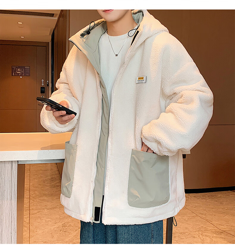 NASA MARVEL Men's Winter Cotton Padded Hooded Jacket Lamb Wool Warm Couple's Puffer Coat Black 3XL 18