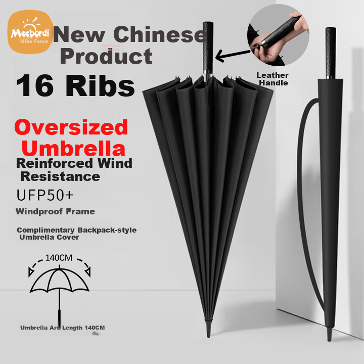 Meebordi Large Umbrella, Sun Protection, Windproof Reinforced, Heavy Rain Resistant, Long Handle, Semi-Automatic Windproof Golf Umbrella