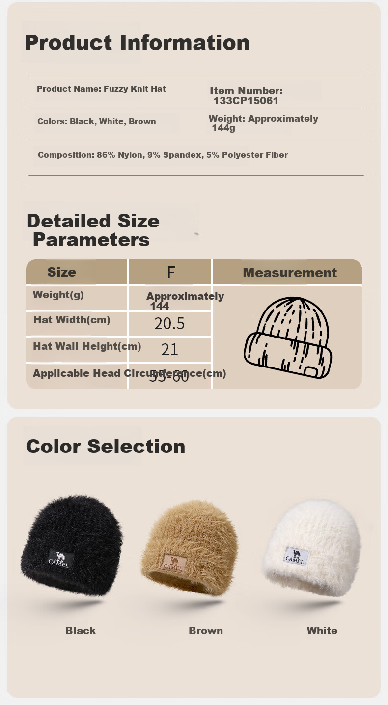 CAMEL Plush Knitted Hat for Women, Winter Cold Protection Ear-Covering Thick Warm Face-Slimming Knitted Cap 133CP15061 6