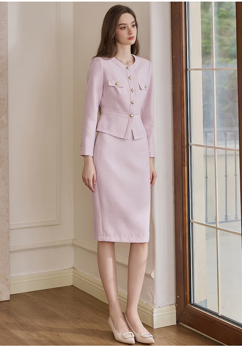 ROEYSHOUSE Premium Little Chanel Style Slim Fit Short Jacket + Skirt Two-Piece Set 09299 Pink M 6