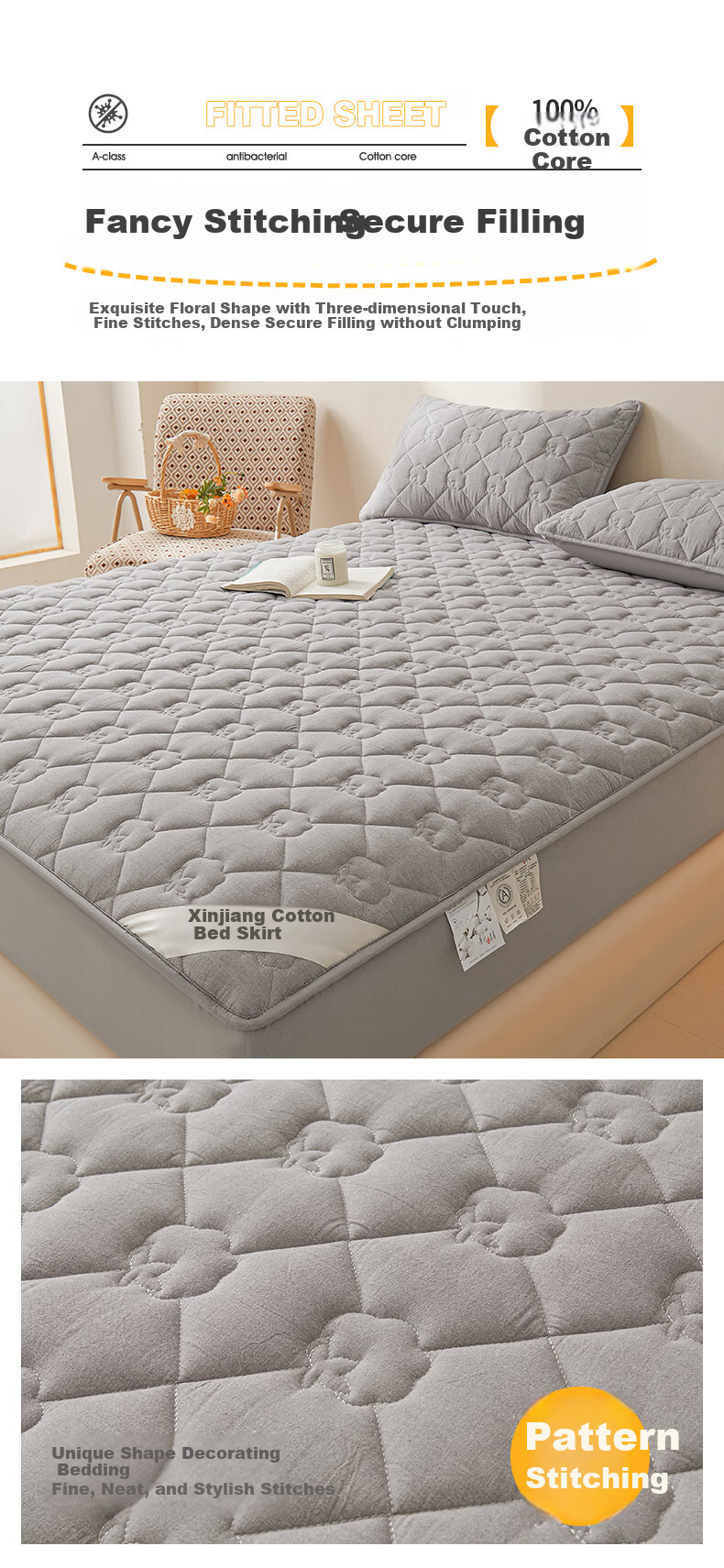 Hodo Class A Pure Cotton Antibacterial Fitted Sheet, Single Piece Thickened Bed Cover, Home Use Mattress Protector Cover, 1.8*2 Meters, Gray 6