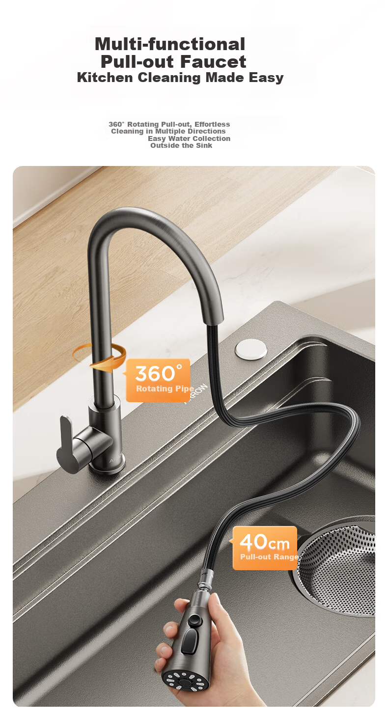 ARROW Kitchen Sink Gun Gray Nano Wide-Edge Large Single Bowl, Integrated Undermount Sink for Kitchen, Dishwashing And Vegetable Washing Table 15