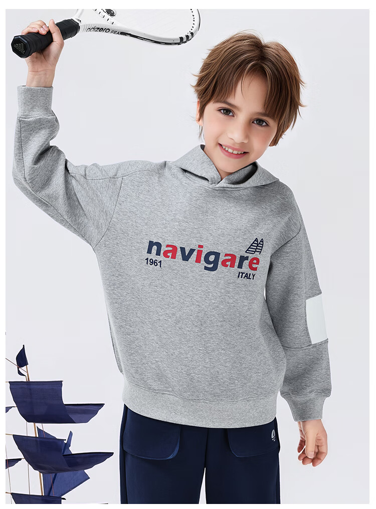 Navigare Boys' Hoodie Spring Children's Hooded Sweatshirt Student Casual Fashion Sailboat Letter Navy Blue 165 16