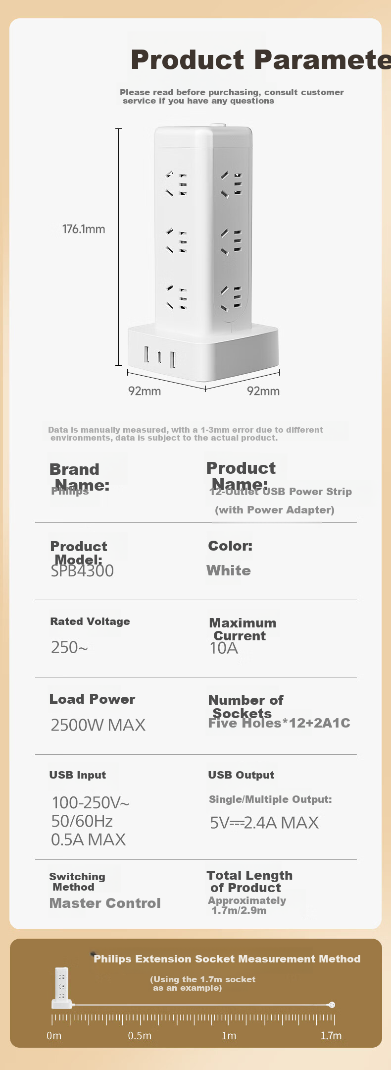 PHILIPS 12-Outlet 1.7m Desktop Standing Power Strip/Extension Cord/Power Bar/Power Board/Power Strip with Overload Protection, 3C Certified for Home And Office Use 7