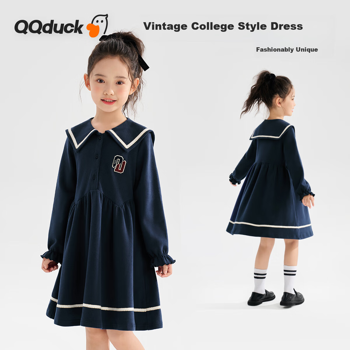QQ DUCK Girls' Dress, Children's Preppy Style Holiday Outfit, Student JK Navy Dress, Big Kids' Clothing