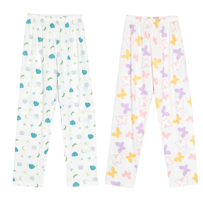 Hodohome Children's Pajama Pants, Girls' Pure Cotton Antibacterial Mesh Breathable Loungewear, Printed Long Pants for Girls, 2-Pack, 802 130