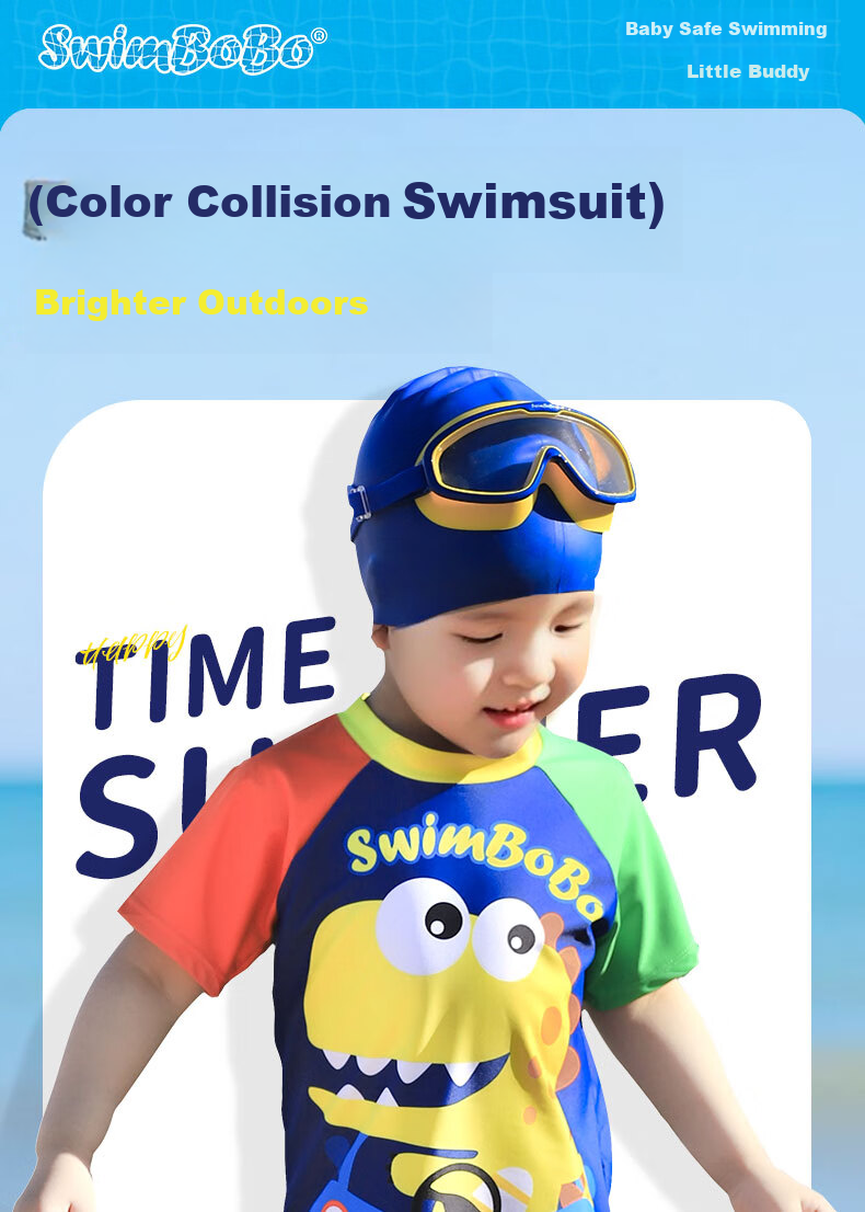 Swimbobo Children's Two-Piece Swimsuit for Boys, Cartoon Dinosaur Design, Short-Sleeve Swimwear, Beginner Swimming Gear, Size 120 1