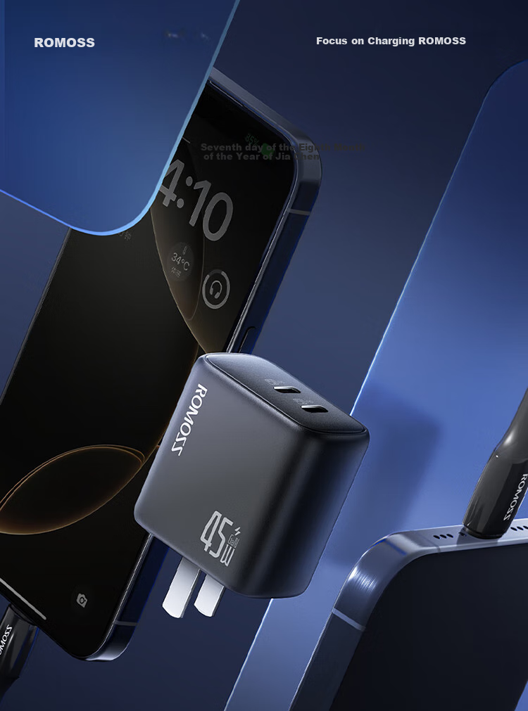 ROMOSS 45W Gallium Nitride Apple 16 Charger, IPhone 16 Pro MAX Charging Head, Multi-Port Fast Charging, Compatible with PD30W, for Apple 15/14, Samsung S24, Phones, Tablets, Laptops 1