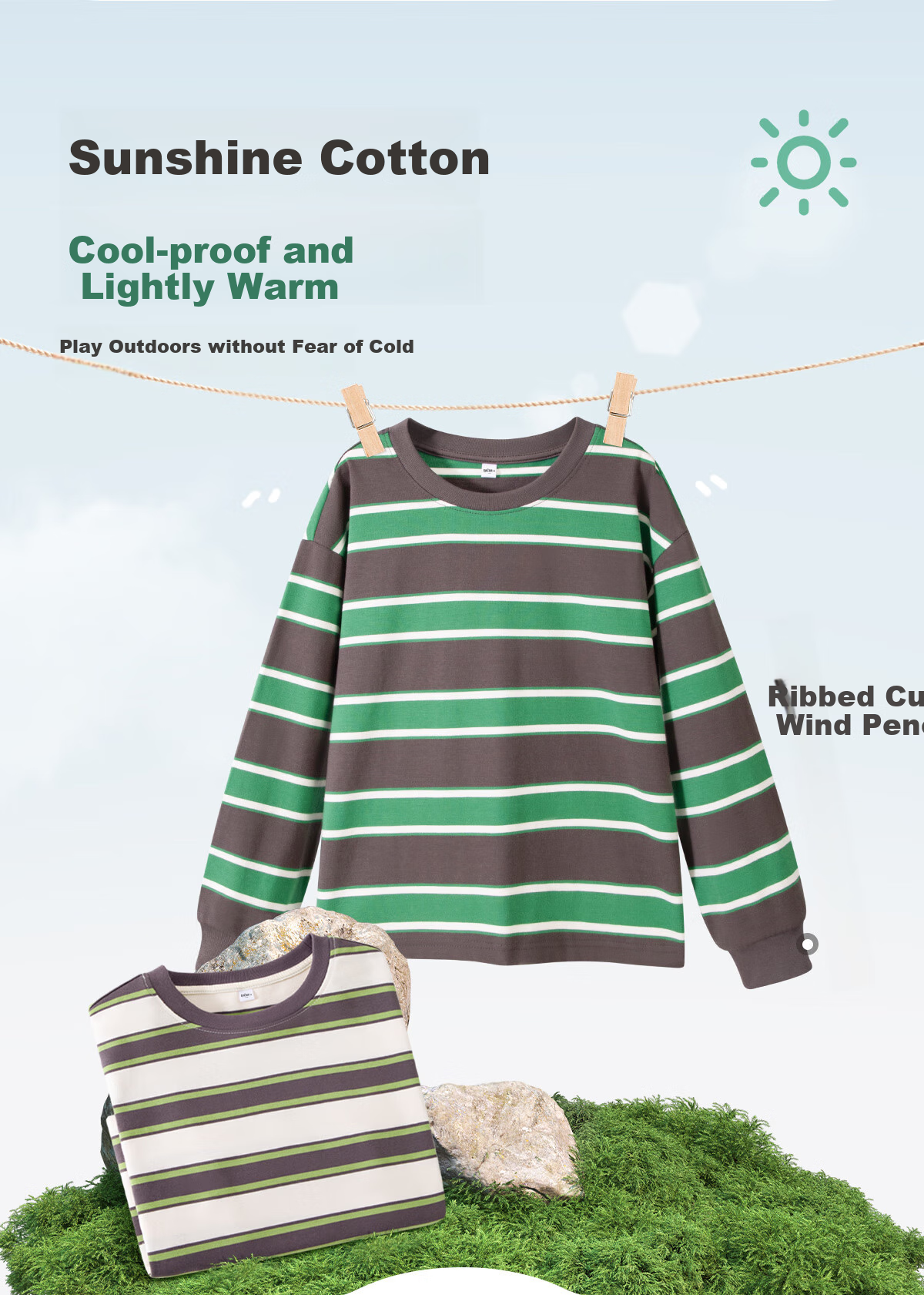 TonLion Boys' Long-Sleeve T-Shirt, Spring And Autumn Thin Style, Casual Top for Older Children, Spring Striped Undershirt, Apricot Green, Size 160 6