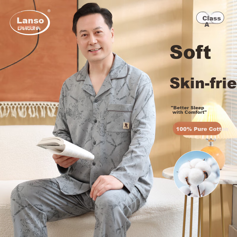 Мужская пижама LangSha, комплект из 100% хлопка, для сна и дома, осень, размер 3XL (175-200 кг), серый