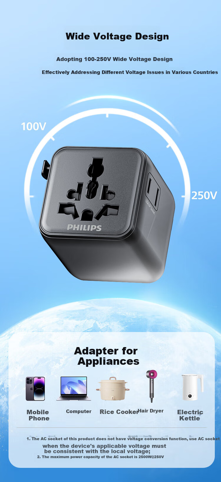 PHILIPS Side-Insert 2-Outlet Travel Adapter/multi-Country Universal International Travel Socket Converter/Compatible with UK, EU, US, AU, Japan, Hong Kong, Singapore, Thailand, Includes Powder 5
