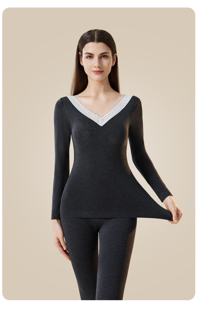 GUJIN Women's Thermal Underwear Set Wool V-Neck Slim Fit Base Layer Autumn Top and Bottom Without Bra 12