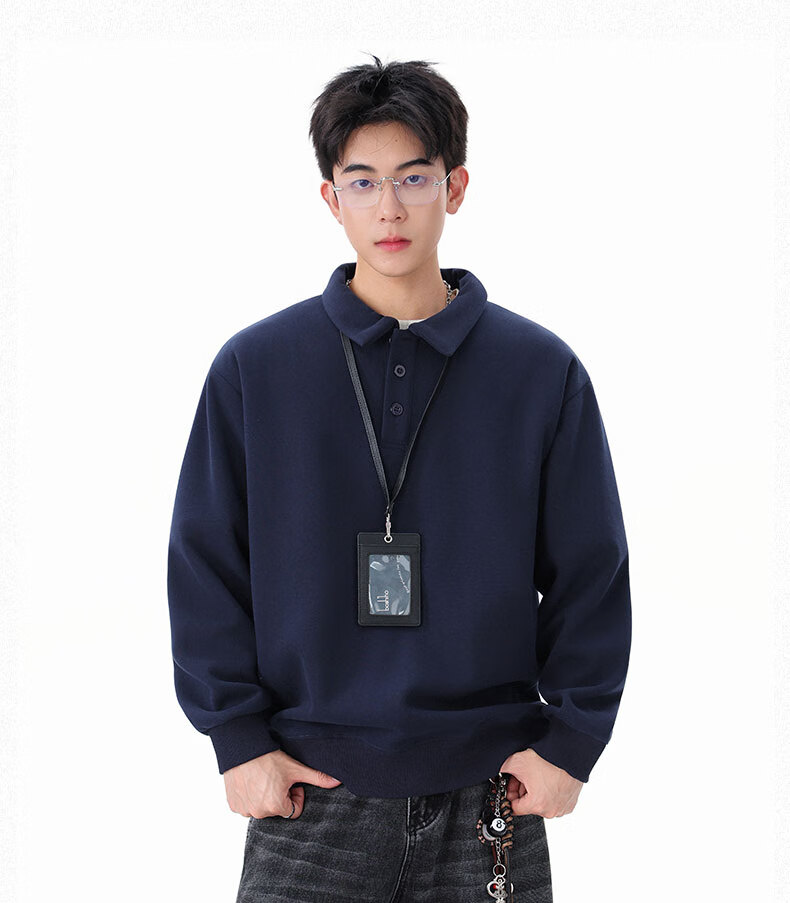 Dingfengbaoluo Heavyweight Polo Collar Sweatshirt Men Autumn Winter Trendy Casual Loose Simple Solid Color Top DQZ10 Black XL 8