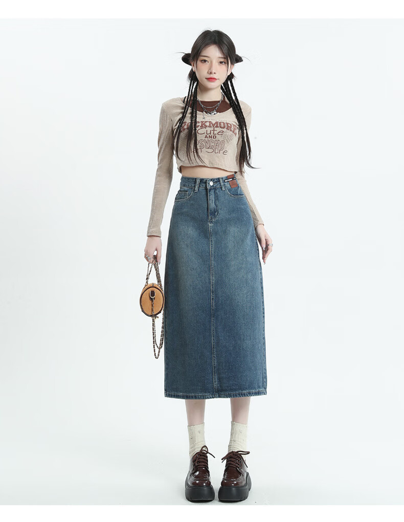 Langsha Women's Denim Skirt 2026 New High-Waist A-Line Slimming Back Slit Casual Mid-Length Pencil Skirt 13