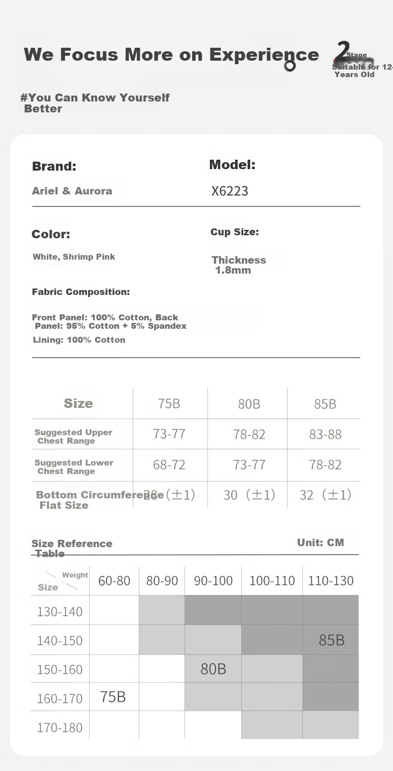 Ailier & ouluola Girls' Underwear for Middle School Students Ages 12-16, Teenage Girls' Pure Cotton High School Bra, Puberty Development Stage, Size 85B 10