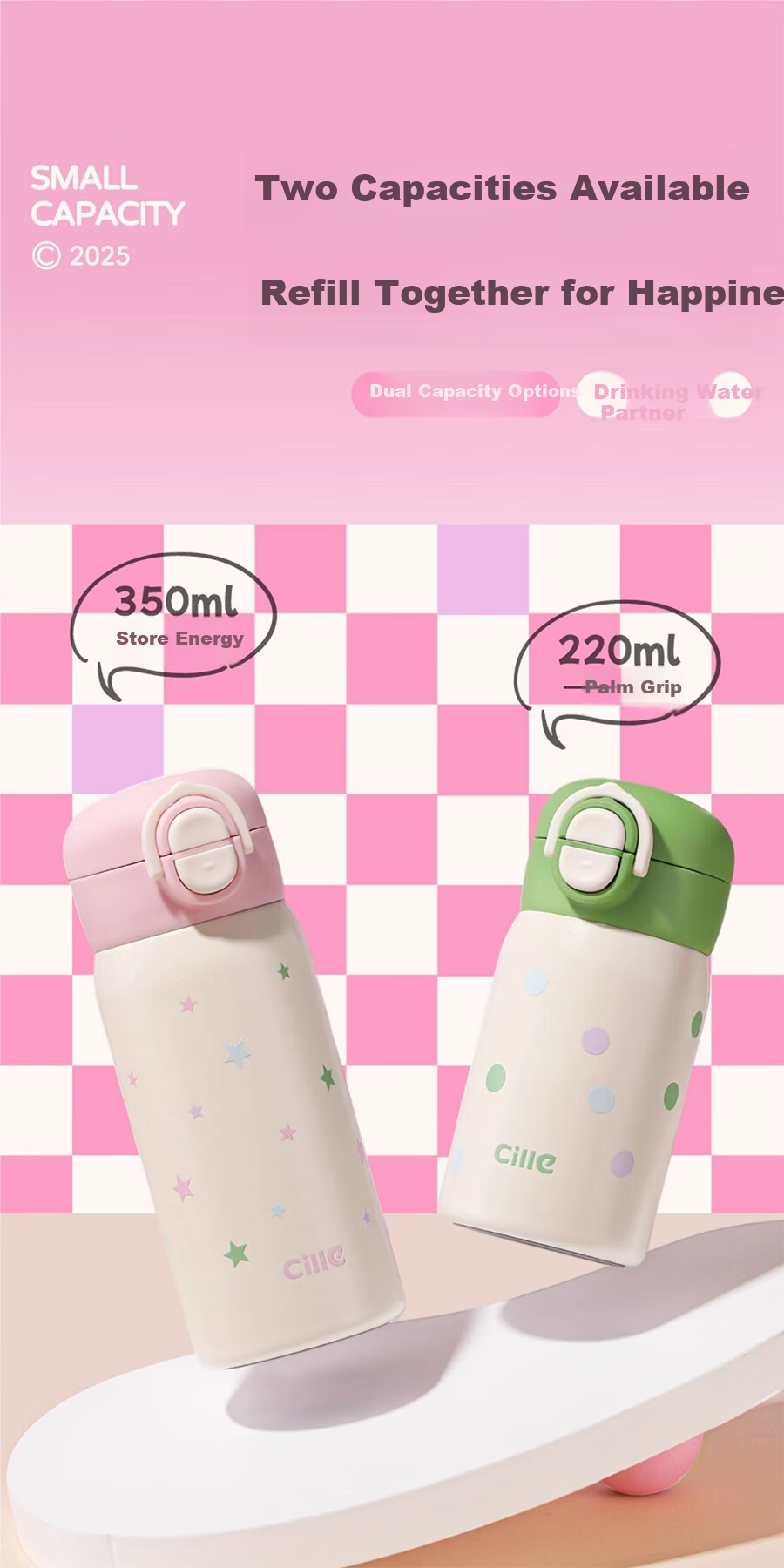 Cille Cute Sweet Dual-Use Insulated Cup, 316 Stainless Steel Water Bottle for Men, Women, Students, Children, Outdoor Portable Compact Pocket Cup 10