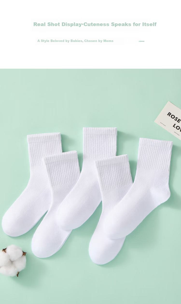LangSha Kids Socks Boys Girls Summer Thin Mesh Mid-Calf White Cotton Socks 5 Pairs Pure White 3XL 8