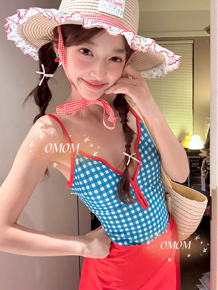 OMOM New Fresh Plaid Student One-Piece Swimsuit Women Triangle Slimming Hot Spring Vacation Swimwear Plaid XL 2