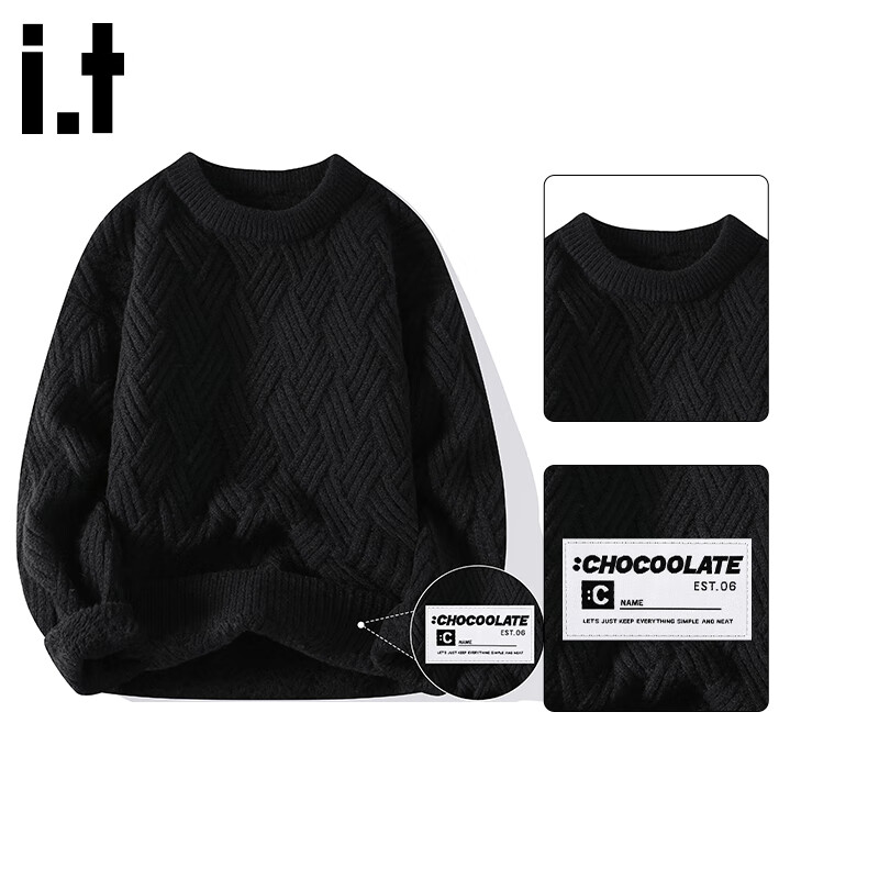 :CHOCOOLATE IT Loose Fit Crew Neck Sweater Men Winter New Trendy Warm Knitwear Black M