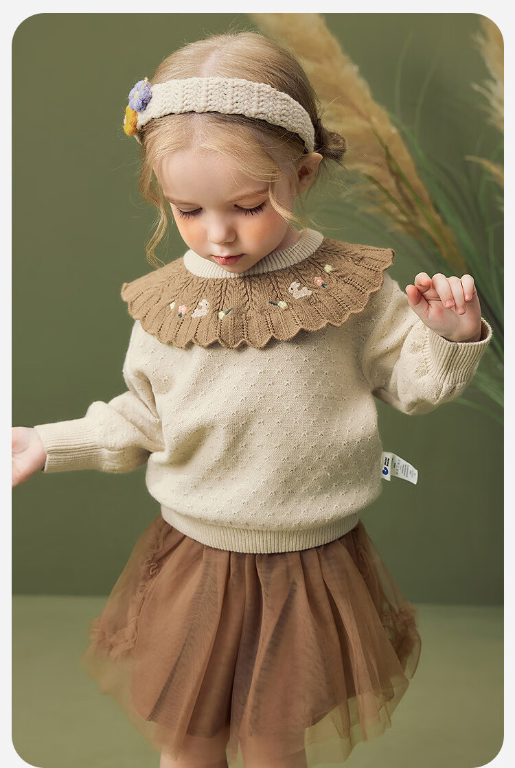 Minibala Girls' Baby Embroidered Sweater, Anti-Deformation, Anti-Pilling, Lantern Sleeves, Skin-Friendly, Winter 2025 5