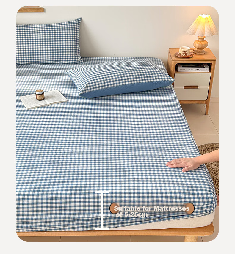 Yalu Class A Fitted Sheet Mattress Protector, Non-Slip Full Coverage Bed Cover, All-Season Use, Machine Washable, Gray Large Grid, 1.8m 14