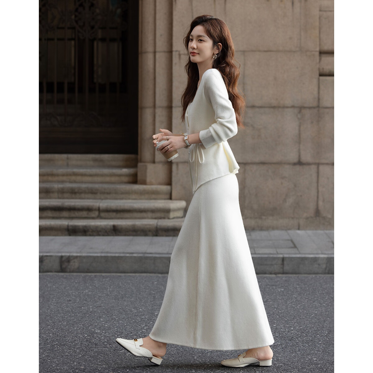 Demana Luxury Quiet Two-Piece Set Winter Faux Two-Piece V-Neck Pearl Button Cardigan with Tie Waist Knit Skirt Women's Set