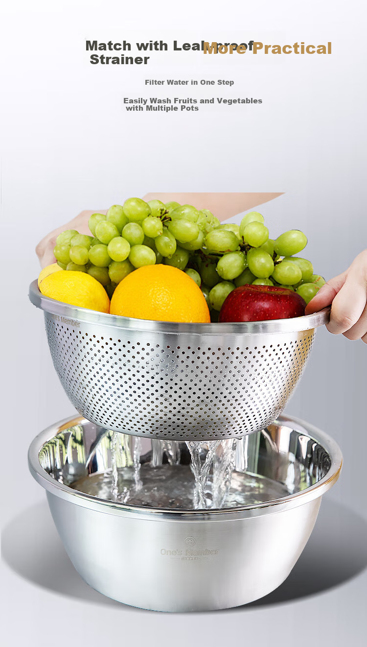 One's Member Thickened Multifunctional 304 Stainless Steel Cooking Bowl, Vegetable Washing Basin, 24/26/28cm Three-Piece Set, Dough Mixing Bowl, Seasoning Bowl 6