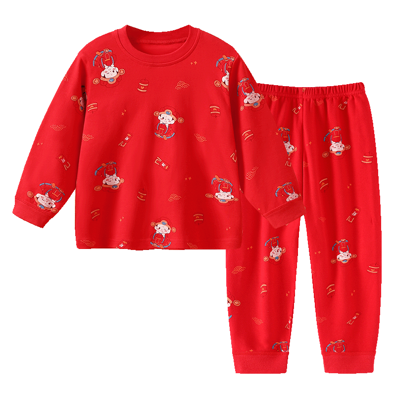 Badibadi Baby Toddler Sleepwear Set Boys Girls Autumn Pajamas Homewear Little God of Wealth Red 120