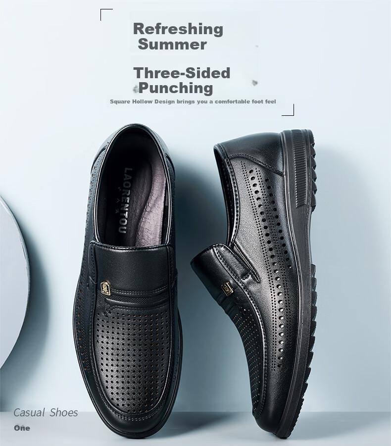 LAORENTOU Men's Leather Shoes, Business Casual Shoes, Top-Grain Leather Slip-Ons with Buckle Decoration, Wear-Resistant Breathable Sandals, Hollow Breathable Shoes, Perforated Shoes LL13203 Black Size 38 1