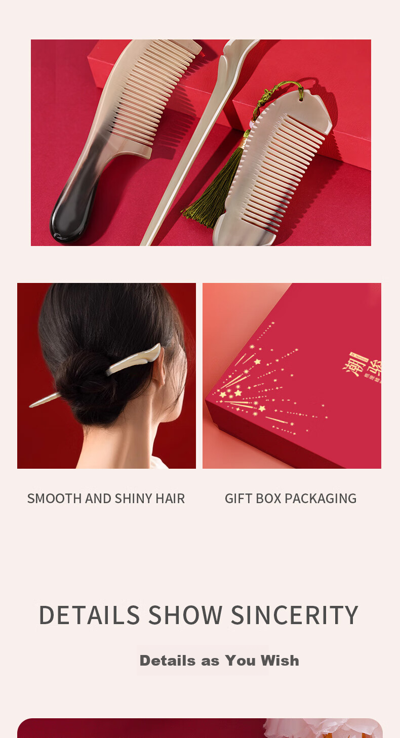 Chaojun Authentic Natural Ox Horn Comb, Portable Scalp Massage Tool, Meridian Therapy, Mid-Autumn Festival Gift for Parents, Elders, Clients, High-End Practical Gift for Friends, Birthday Present for Wife, Gift Box Set 6