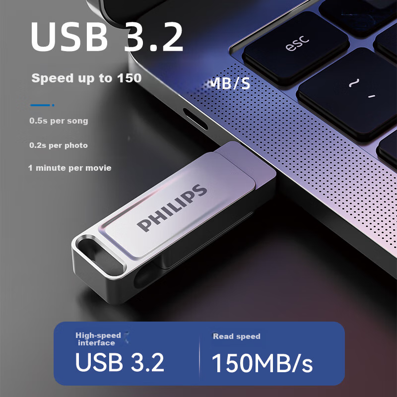 PHILIPS 64GB Type-C USB3.2 Dual-Interface Phone Flash Drive, 61UT-F Silver, High-Speed Dual-Purpose Double-Headed USB Drive, Compatible with Android, Apple, And Laptop Computers