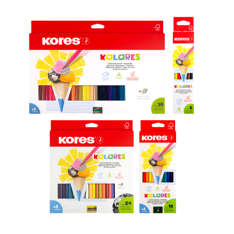 KORES Europe High-Quality Children's Premium Colored Pencils Kindergarten and Elementary School Special Non-Staining Triangular Colored Pencils Standard Barrel 12 Pieces Double-Ended 24 Colors Set