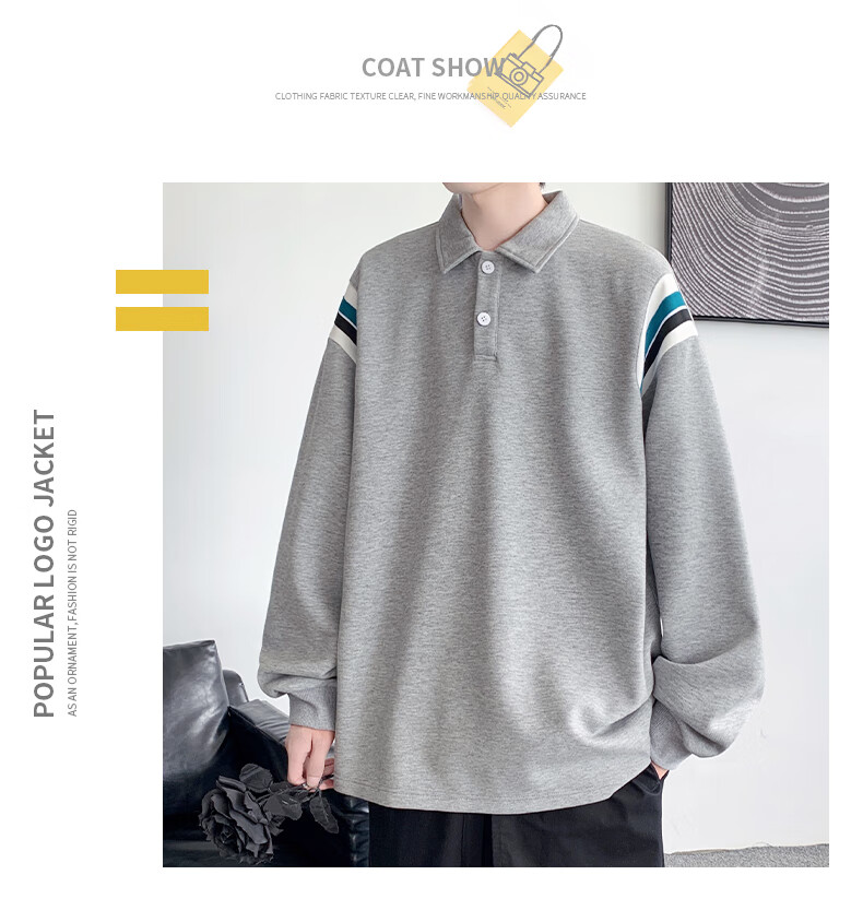 IZEXX Lapel Casual Men's Sweatshirt, Autumn Loose Long-Sleeve POLO Shirt, Versatile Trendy Top, XP13 Flax Gray, Size M 4