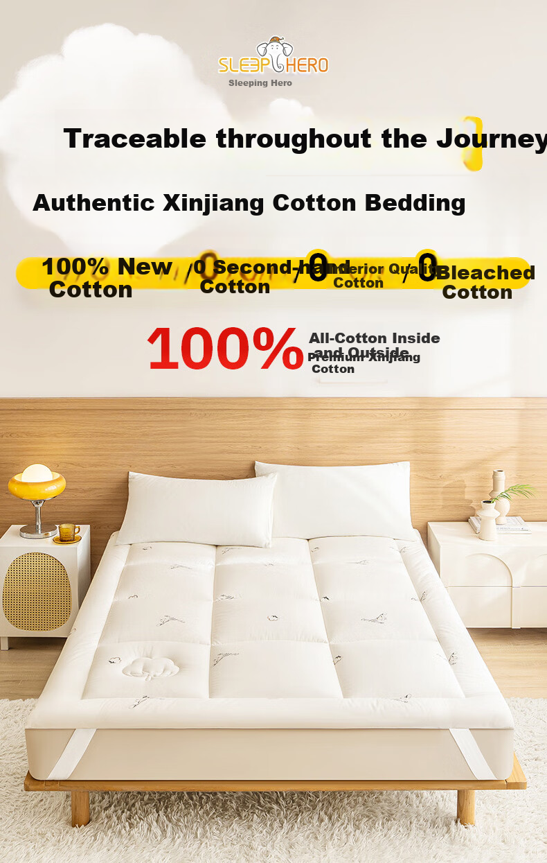 SleepHero 100% Natural Xinjiang Cotton Mattress Pad, Extra Thick 3 Jin National Standard Class A, Suitable for Students All Seasons, 90x200cm 3
