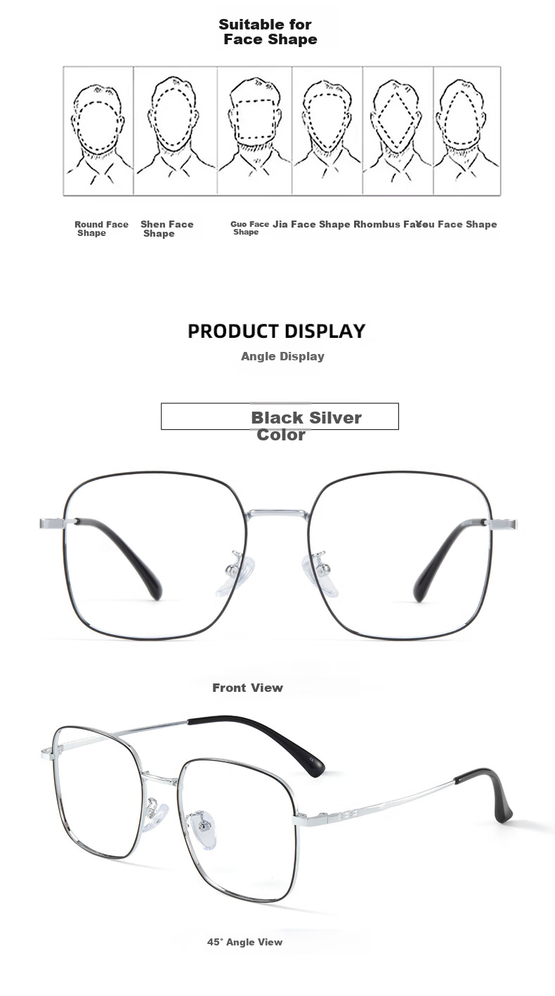 Jingbang Myopia Glasses for Men And Women, Ultra-Light Large Face Slimming Square Frame with Blue Light Protection, Prescription Lenses Available, Black Silver Non-Prescription Blue Light Blocking Glasses for Qixi Festival 13